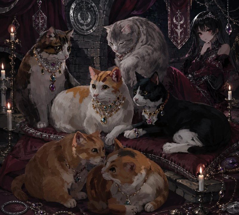 Candlelit gothic salon portrait of the label's cats adorned in jewelled collars